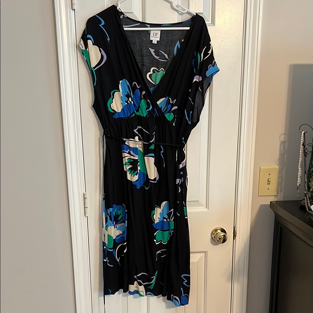 GAP Maternity Black and Blue Flutter Sleeve Wrap Midi Dress